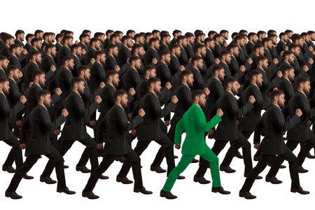 Marching clones with green individual, studio shotの写真素材
