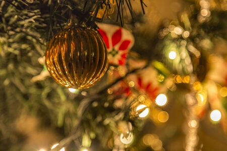 Christmas tree decoration and lights close upの写真素材