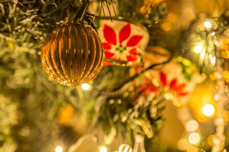 Christmas tree decoration and lights close upの写真素材