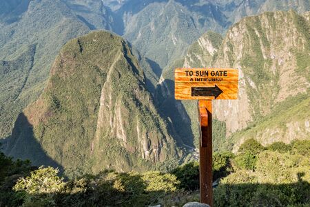 The sun gate sign. Machu Picchu, Cusco, Peru, South America.の写真素材