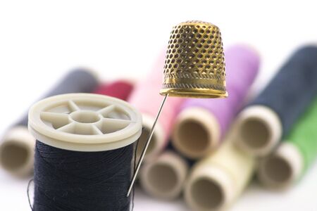 Sewing Supplies with threads on backgroundの写真素材