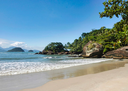 Beautiful beach with granite boulders on the seashore.の写真素材