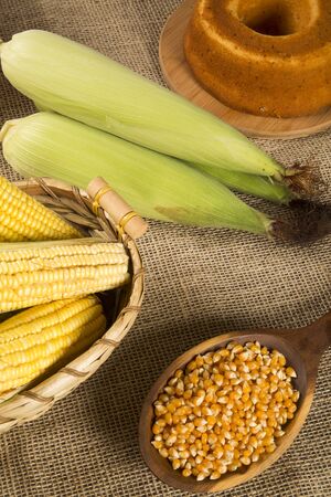 Corn maize and popcorn on a table.の写真素材