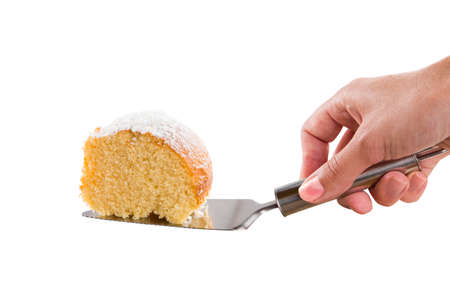 slice of orange cake on white background