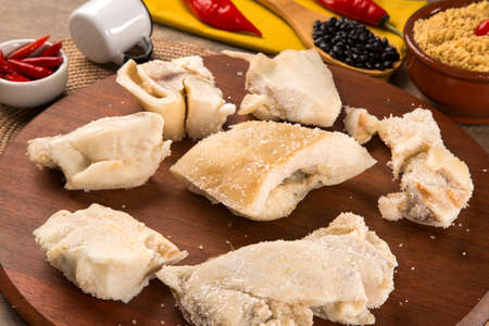 Ear raw pork on wooden backgroundの写真素材