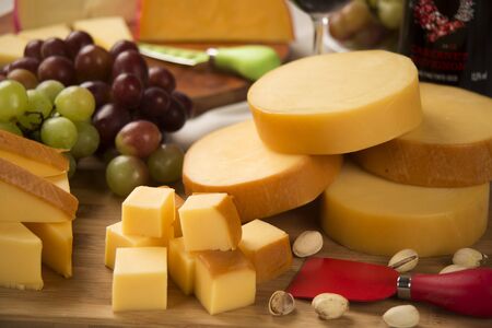 Italian provolone on wooden board, delicious foodの写真素材