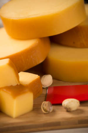 Italian provolone on wooden board, delicious foodの写真素材