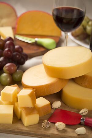 Italian provolone on wooden board, delicious foodの写真素材