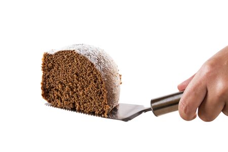 slice of chocolate cake on white backgroundの写真素材