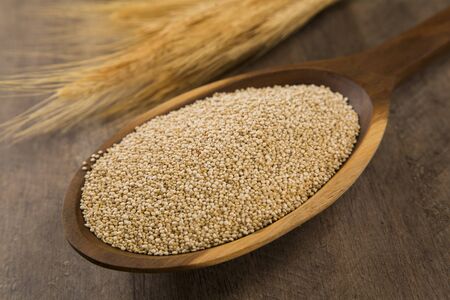 Portion of uncooked Quinoa and wey protein (detailed close-up shot)の写真素材