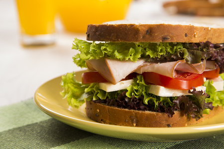 Sandwich on a white plate with turkey breast, tomato, lettuce and cheese on the tableの写真素材