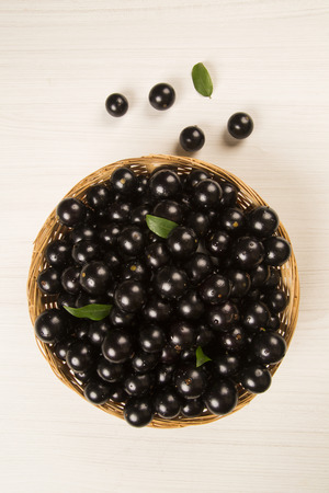 Berry Jaboticaba in bowl on wooden table. Brazilian Fruit.の写真素材