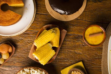 Pamonha and Curau cart sale - typical food of green corn - tasty and cheap - typical and popular street foodの写真素材