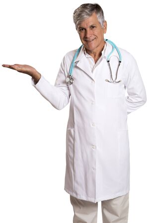 Doctor presenting a product isolated on white backgroundの写真素材