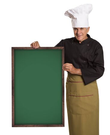 Portrait of a professional chef holding a blackboard. Isolated on whiteの写真素材