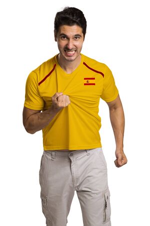 Spanish football fans celebrating in white backgroundの写真素材