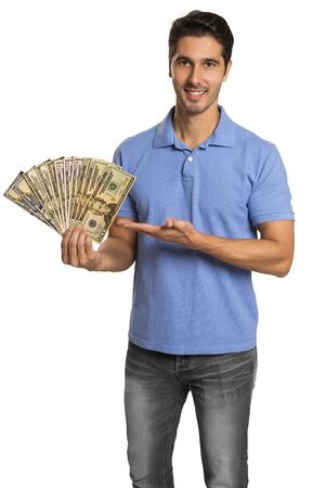 Man holding/showing Dollar banknotes. Dollar moneyの写真素材