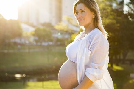 Beautiful pregnant woman in a sunset outside in the park.