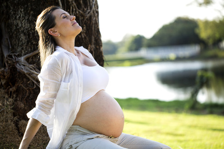 Beautiful pregnant woman in a sunset outside in the park.の写真素材