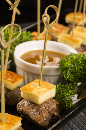 meat skewer with curd cheeseの写真素材