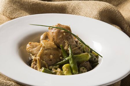 Frango com quiabo (Portuguese for "chicken with okra"), Brazilian dish in white plate.の写真素材