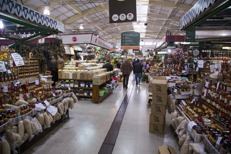 CURITIBA, BRAZIL: Interior architecture of the Municipal Market in Curitiba, Parana, Brazil with locals shopping for groceries on july, 2017.のeditorial素材