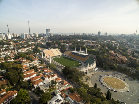 Sao Paulo, SP, Brazil, August, 2017. Aerial view of the Municipal Stadium of Pacaembu, called Paulo Machado de Carvalho, where the Football Museum is located, in Charles Miller Square, Sao Pauloのeditorial素材