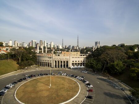 Sao Paulo, SP, Brazil, August, 2017. Aerial view of the Municipal Stadium of Pacaembu, called Paulo Machado de Carvalho, where the Football Museum is located, in Charles Miller Square, Sao Pauloのeditorial素材