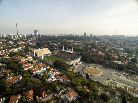Sao Paulo, SP, Brazil, August, 2017. Aerial view of the Municipal Stadium of Pacaembu, called Paulo Machado de Carvalho, where the Football Museum is located, in Charles Miller Square, Sao Pauloのeditorial素材