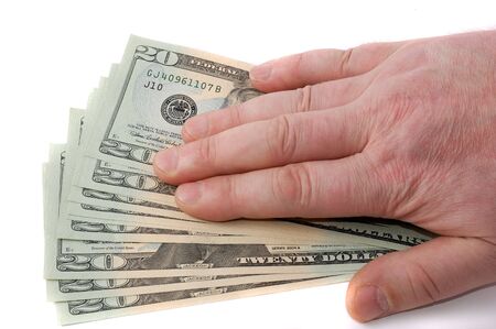 male hand over dollars isolated on white