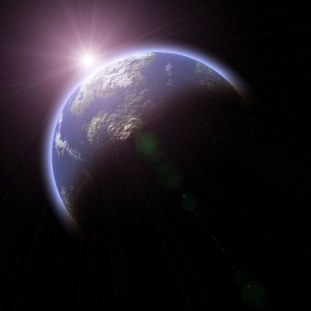 Computer generated Earth-like planet and Sun on black background
