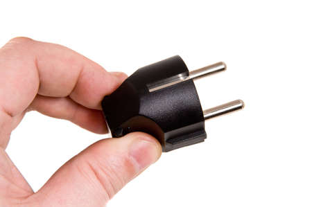 Men hold black electric plug isolated on white