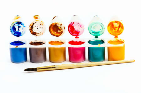 water paints set and brush on whiteの写真素材