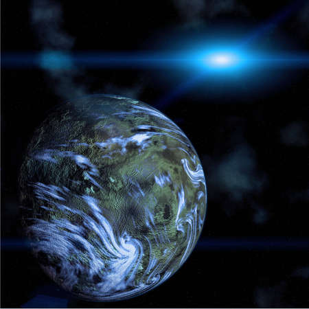 Computer generated Green planet and Star in space