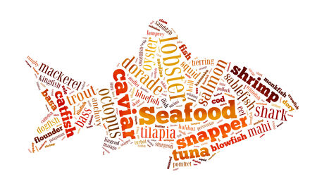 Seafood word cloud in shape o fish onwhite