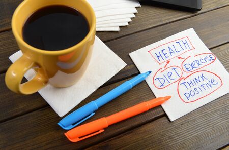 health analise diet exercise think positive -  handwriting on a napkin with a cup of coffee and...
