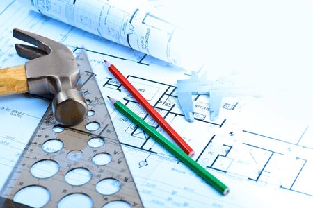 Architectural blueprints of new home with copy space for message