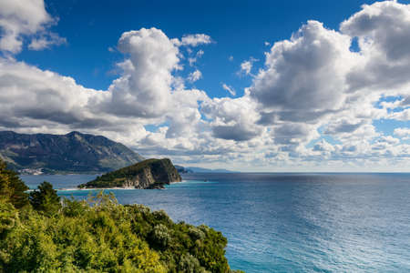 Panoramic landscape of Budva riviera in Montenegro. Fantastic view of the overcast sky. Dramatic morning scene. Balkans, Adriatic sea, Europeの写真素材