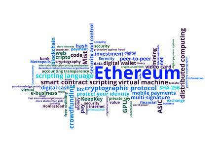 Ethereum crypto currency word cloud over white