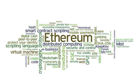 Ethereum crypto currency word cloud over white