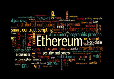 Ethereum crypto currency word cloud over black