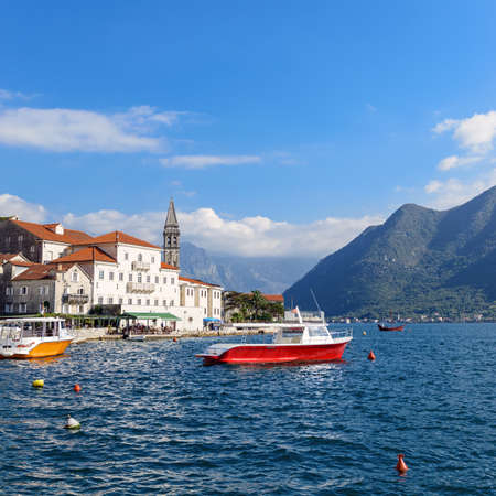 Beautiful sunny day in Perast, Montenegro, mediterranean landscape, Kotor bay (Boka Kotorska), Montenegro, Europe, old historical town and resort.のeditorial素材