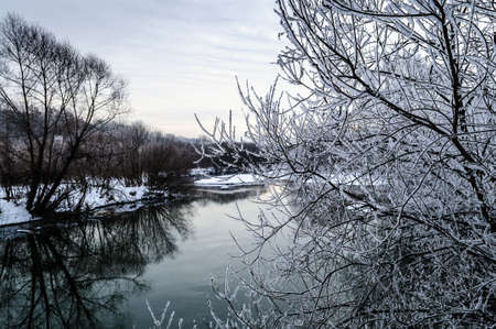 Winter landscape. Icy trees around riverの写真素材