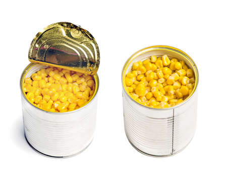 Open metall can with cooked corn isolated on  white backgroundの写真素材