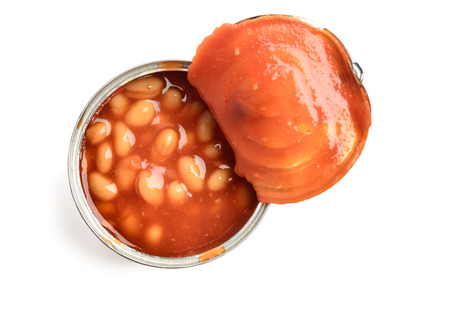 Tinned beans top view on whiteの写真素材