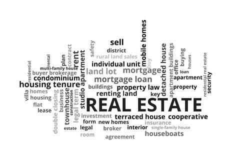 Real Estate Word Tag Cloud, shows words related to buy, sell or rent homes and similar concept, vectorのイラスト素材
