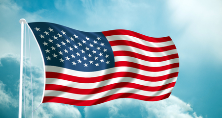 USA National  flag at blue sky clouds. United States of America.Stars and stripes. Patriotic usa...