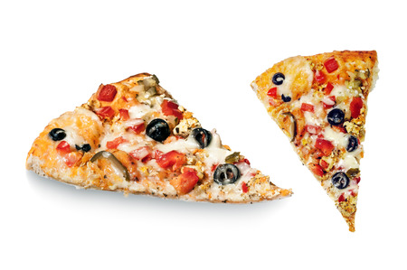 Pieces of pizza top and side view, isolated on white. Clipping path