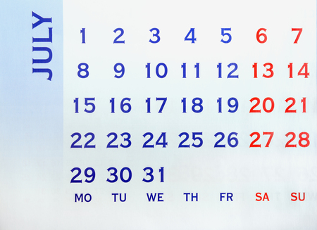 Wall Calendar July top view. Your may mark any day. Copy space for messageの写真素材