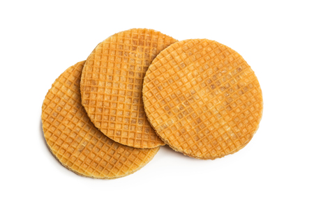 Round Dutch syrup waffle isolated on a white background with clipping pathの写真素材